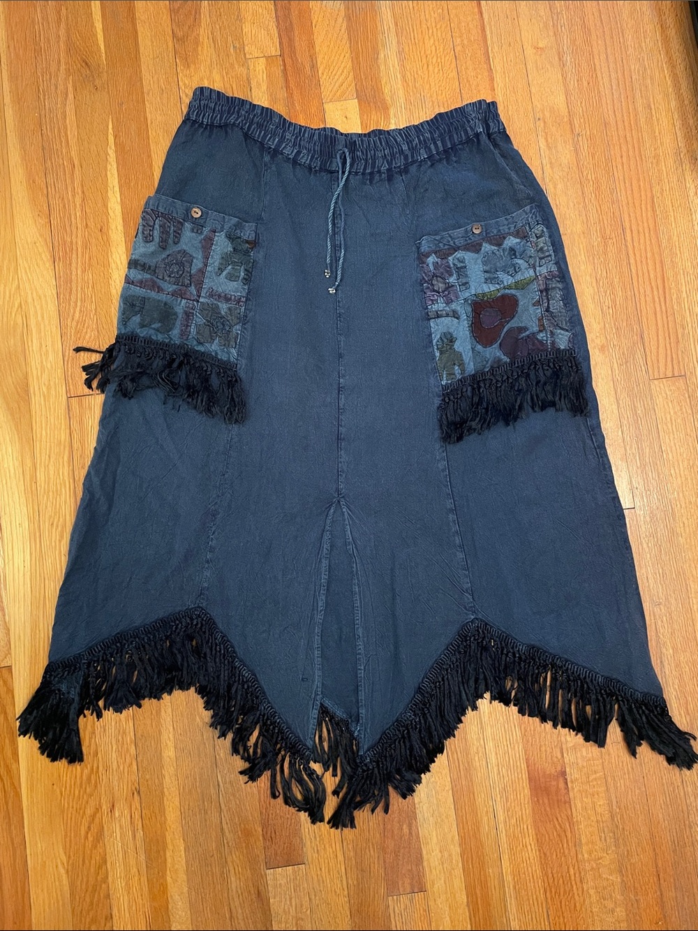 Vintage Boho Asymmetrical Black Fringe ENCOUNTER Midi Skirt w Patchwork Pockets